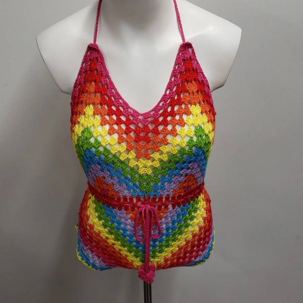 Color Block Open Knit Tassel Tie Backless Knot Waist Cami Romper Women's Size 6 - Picture 3 of 13